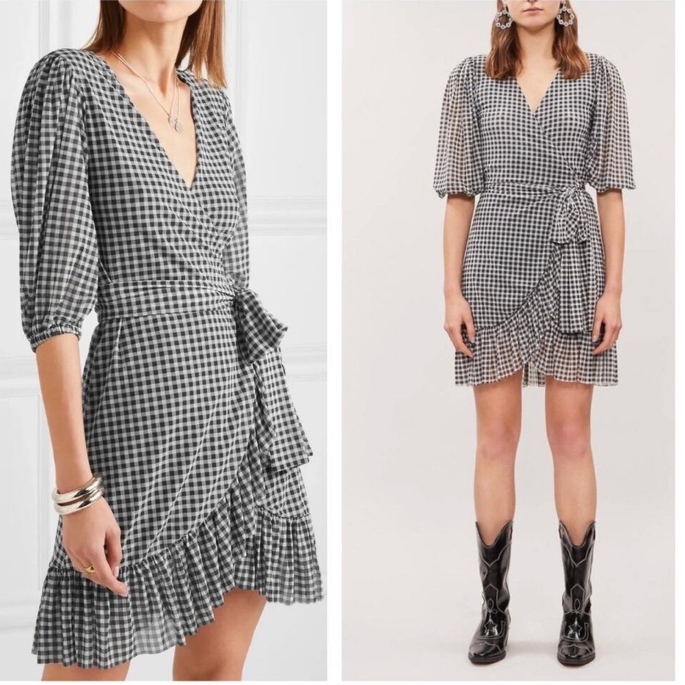 GANNI | Black Gray and White Checkered Gingham Mini Wrap Dress Sz 38 or a Medium - Picture 7 of 8